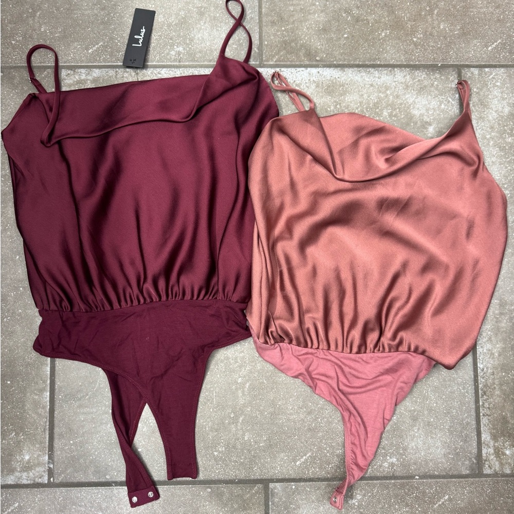 Lulu's Burgundy and Mauve Satin Cowlneck Bodysuits